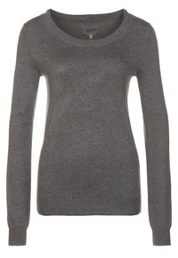Grijze lange mouwen sweater van zacht breisel, met een ronde halslijn en geribbelde manchetten en onderrand. Eenvoudig, klassiek ontwerp.