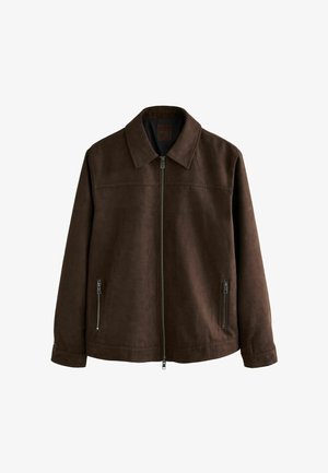 Bruine suede jacket met een kraag, voorkant met ritssluiting en twee ritstas aan de zijkanten. Glad textuur met een minimalistisch ontwerp.