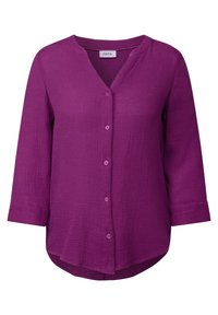 Chemise tissée violette avec un col en V, des manches trois-quarts et une fermeture à boutons. Tissu texturé avec une coupe légèrement ample et un ourlet arrondi.