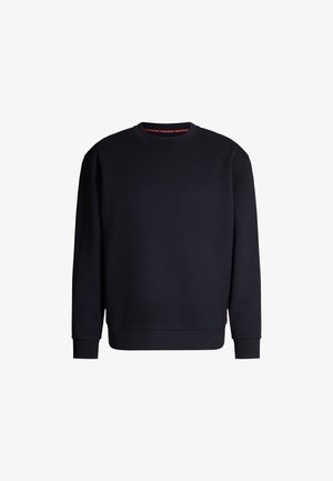 Marineblaues Sweatshirt mit Rundhalsausschnitt und langen Ärmeln, hergestellt aus weichem Baumwollmischgewebe. Einfaches Design mit einem dezenten Logo am Ausschnitt.