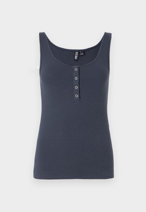 Ribota tamsiai mėlyna marškinėlių su apvalia iškirpte, turinti mygtukų užsegimą su sidabriniais akcentais ir prigludusią siluetą.