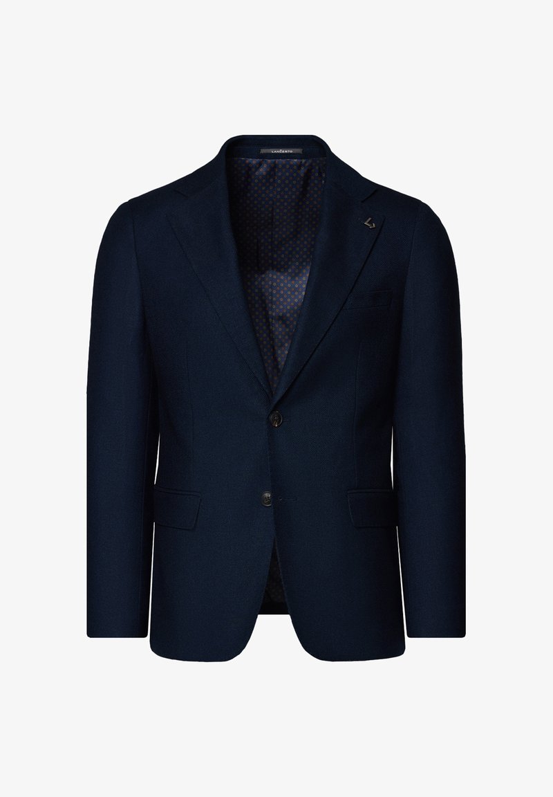 Granatowa marynarka wykonana z teksturowanej tkaniny, z dwoma guzikami, bocznymi kieszeniami oraz wzorzystą podszewką w odcieniach niebieskiego i brązowego.