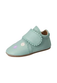 Mint green leather shoe with scalloped flap, floral embroidery in pink and purple, and a rubber sole for traction.