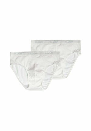 Due slip bianchi in cotone con elastico in vita marchiati "Sloggi", mostrati su uno sfondo bianco semplice.