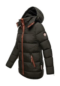 Dark green puffer jacket with a hood, featuring orange accents, a front zipper, and zippered pockets. Includes a logo patch on the sleeve.