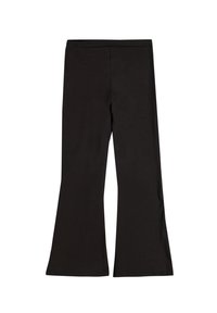 Leggings évasés noirs en tissu extensible, dotés d'une large taille et d'une texture lisse sans coutures ni motifs visibles.