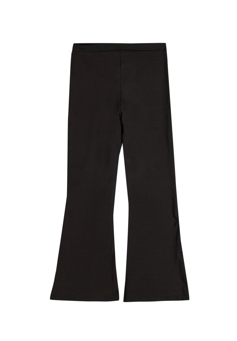 Leggings évasés noirs en tissu extensible, dotés d'une large taille et d'une texture lisse sans coutures ni motifs visibles.