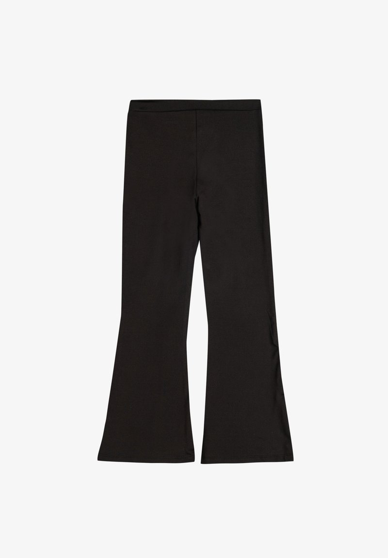 Schwarze, ausgestellte Leggings aus dehnbarem Stoff mit einem breiten Bund und einer glatten Textur ohne sichtbare Nähte oder Muster.