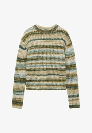 Pletený sveter s okrúhlym výstrihom, s horizontálnymi prúžkami v krémovej, zelenej a hnedej farbe. Mäkká textúra a skrátený strih.