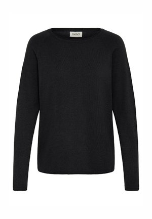 Schwarzer Langarmpullover aus weichem Strickmaterial. Hat einen Rundhalsausschnitt, gerippte Textur und ist gerade geschnitten. Minimalistisches Design.
