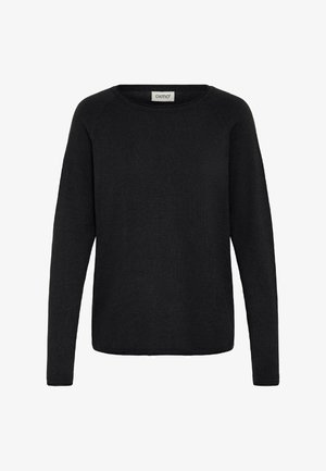 Schwarzer Langarmpullover aus weichem Strickmaterial. Hat einen Rundhalsausschnitt, gerippte Textur und ist gerade geschnitten. Minimalistisches Design.