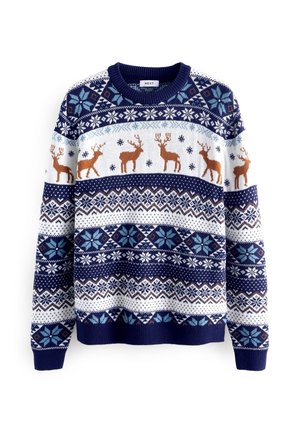 Pull tricoté bleu marine et blanc avec des motifs de rennes bruns et de flocons de neige, col rond, poignets et ourlet côtelés.