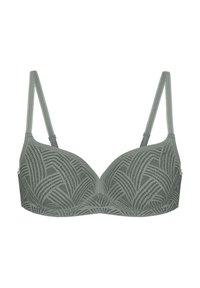 Reggiseno verde chiaro con sovrapposizione di pizzo che presenta un motivo a foglia. Ha spalline regolabili e un design liscio e imbottito.