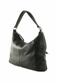 Schwarze Lederhandtasche mit strukturiertem Oberflächen, ausgestattet mit einem durchlöcherten Paneel, einem einzelnen Schultergurt und einem Reißverschluss für den Zugriff.