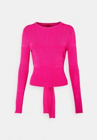 Eng anliegendes Langarmshirt aus lebendigem pinkfarbenem Strickstoff. Verfügt über eine gerippte Struktur und ein am Saum gebundenes Detail an der Taille. Rundhalsausschnitt.