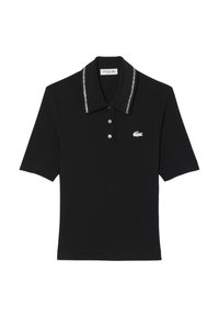 Zwarte polo met korte mouwen, gemaakt van katoen, met een geribbelde kraag met witte stiksels en een klein logo op de borst.
