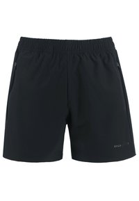 Zwarte sportshorts van lichtgewicht stof, met een elastische tailleband en zijzakken met rits voor opbergruimte. Glad textuur, eenvoudig ontwerp.