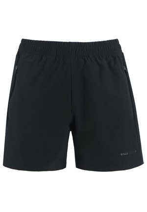 Svarta träningsshorts tillverkade av lättviktig tyg, med elastisk midja och sidofickor med dragkedja för förvaring. Sammansatt yta, enkel design.