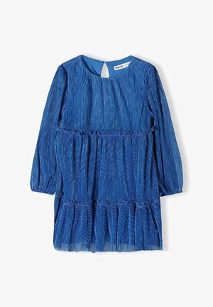 Sinine pikkade varrukatega volditud kleit, millel on kogutud vöökoht ja hem, peidetud nööbiga seljaosal ja peen mitmevärviline täppide muster.