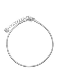 Bracciale in acciaio inox argentato con un design flessibile e liscio, dotato di una sezione a catena e di un fermo circolare con un disco con logo.