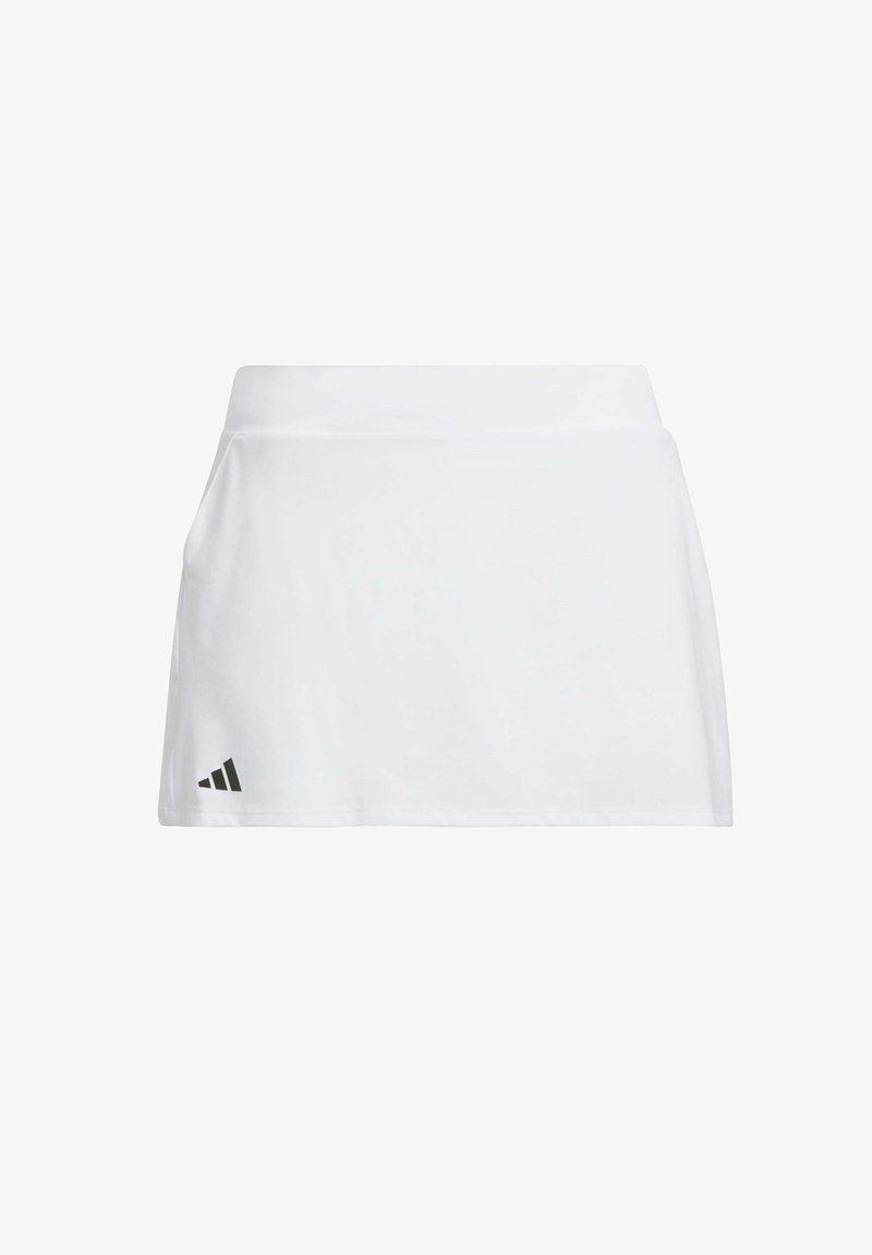 Weiße Sportrock aus flexiblem Material, mit glatter Textur, elastischem Bund und schwarzem Logo am Saum.