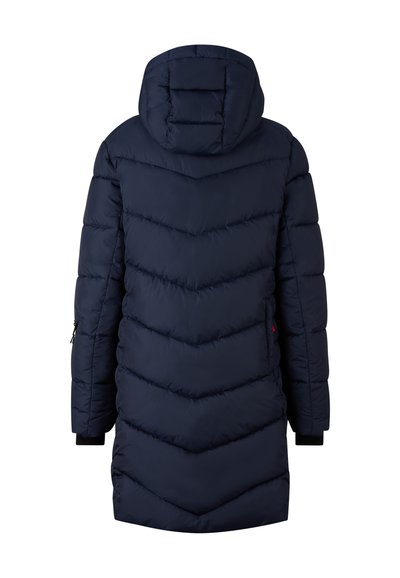 Mørkeblå pufferjakke med hætte, der har et chevron-quiltet design, elastiske manchetter og sidelommer. Glat tekstur og længde til midten af låret.