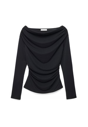 Zwarte blouse met lange mouwen, drapering aan de voorkant en geplooide details bij de schouders en taille, met een brede boothals.