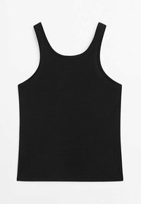 Débardeur noir sans manches avec encolure dégagée, posé à plat sur un fond blanc.