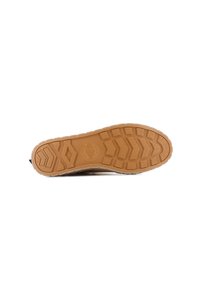 Shoe sole with a textured rubber surface, featuring a herringbone pattern in brown, providing grip and durability. Clear brand emblem visible.