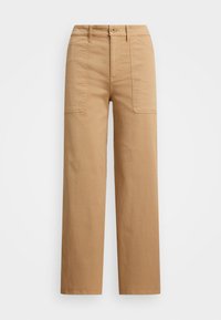 Beige cotton trousers with a straight leg, featuring a button closure, front pockets, and visible stitching details.