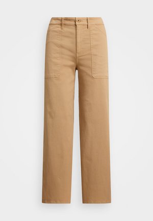 Beige cotton trousers with a straight leg, featuring a button closure, front pockets, and visible stitching details.