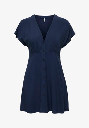 Marineblå kortærmet kjole med V-hals, knaplukning foran, detaljer med rynket talje og A-formet silhuet.