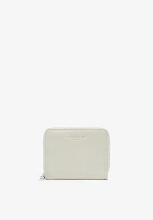 Jasnoszara skórzana portmonetka z zamkiem błyskawicznym, zdobiona wytłoczonym logo i gładkim wykończeniem. Kompaktowy prostokątny kształt, minimalna ilość przeszyć.