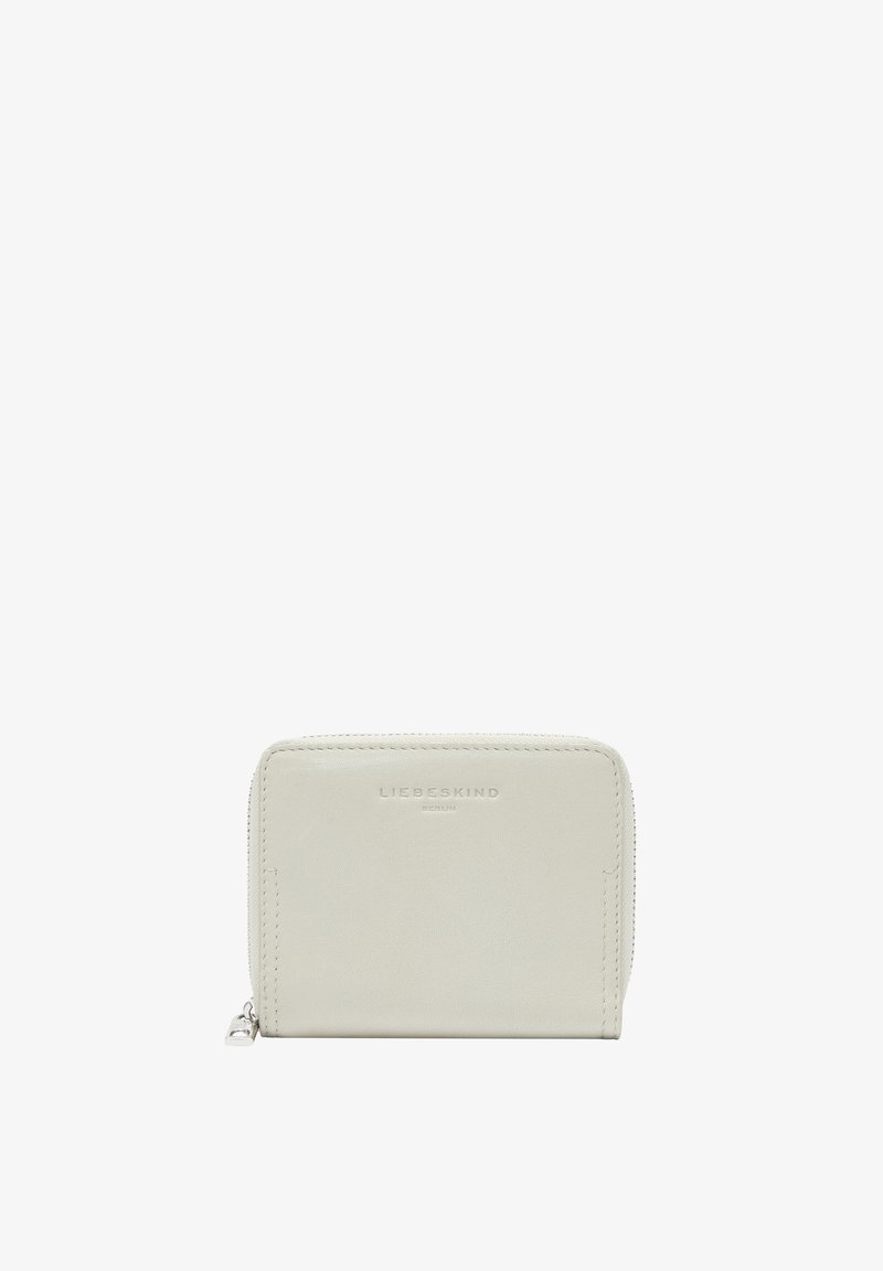 Jasnoszara skórzana portmonetka z zamkiem błyskawicznym, zdobiona wytłoczonym logo i gładkim wykończeniem. Kompaktowy prostokątny kształt, minimalna ilość przeszyć.