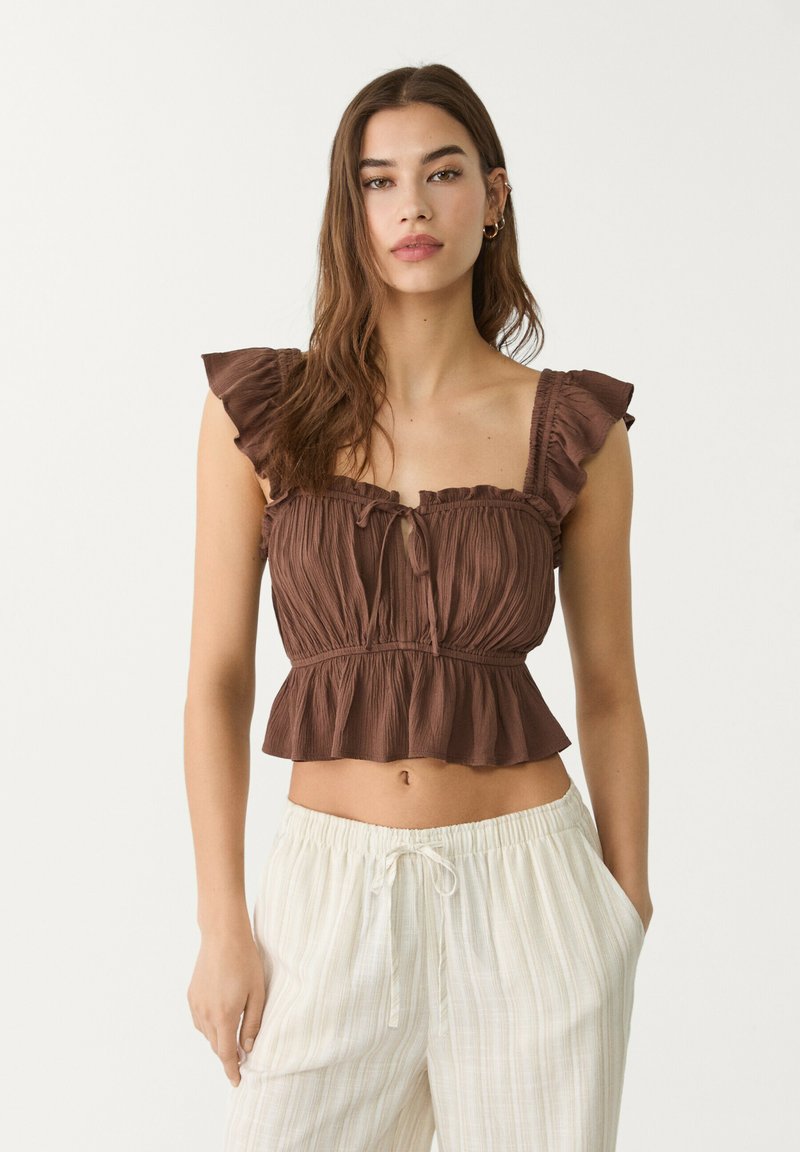 Stradivarius - FLOWING WITH RUFFLES - Blouse - dark brown, Enlarge
