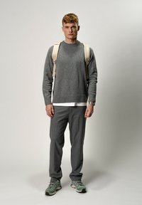 Pull gris à col rond, sous-vêtement gris clair, pantalon gris et baskets vertes. Sac beige avec des poignées. Le modèle se tient droit.