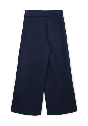Culottes blu navy in tessuto morbido, con vestibilità rilassata, gambe ampie e fascia in vita liscia con chiusura laterale a cerniera.