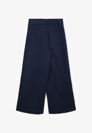 Navy culottes made of soft fabric, featuring a relaxed fit, wide legs, and a smooth waistband with side zipper closure.