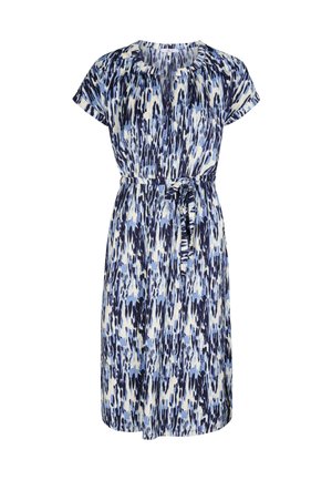 Korte mouwen, gewatteerde jurk met een combinatie van blauwe, witte en marineblauwe abstracte patronen, ontworpen voor een ontspannen pasvorm.
