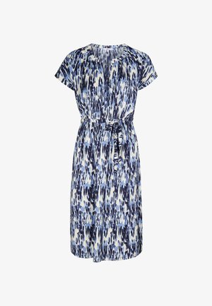 Korte mouwen, gewatteerde jurk met een combinatie van blauwe, witte en marineblauwe abstracte patronen, ontworpen voor een ontspannen pasvorm.