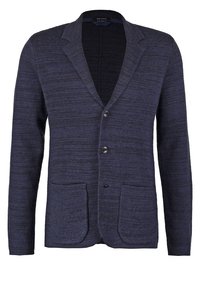 Marinblå cardigan med en strukturerad stickad design, med slagkrage, tre knappar och två framfickor. Tillverkad av mjukt material.