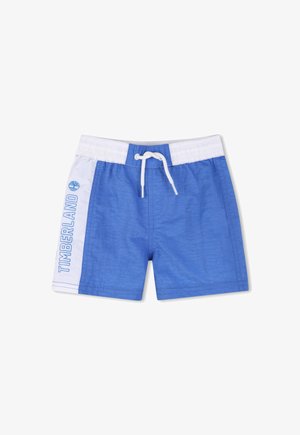 Blauwe en witte zwembroek voor jongens met witte trekkoord en Timberland-logo gedrukt op het linker zijpaneel.
