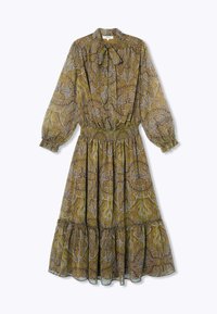 Robe à manches longues à motif paisley en vert olive et crème. Présente un col à nouer et une taille cintrée, avec un ourlet festonné en bas.