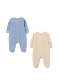 Dos bodies de bebé: uno de color azul claro hecho de terciopelo suave y otro de color durazno claro con un patrón texturizado de estrellas. Ambos tienen mangas largas y pies.