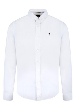 Camisa blanca de manga larga con botones, hecha de algodón, que presenta un cuello, botones frontales y un pequeño logo de árbol en navy en el lado izquierdo del pecho.
