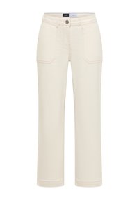 Pantalon en denim beige à jambes droites avec poches plaquées avant, passants pour ceinture, et fermeture par bouton.
