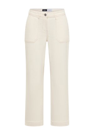 Pantalon en denim beige à jambes droites avec poches plaquées avant, passants pour ceinture, et fermeture par bouton.