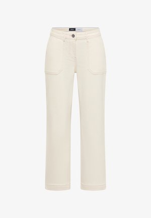 Pantalon en denim beige à jambes droites avec poches plaquées avant, passants pour ceinture, et fermeture par bouton.