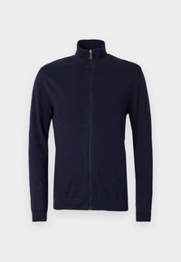 Navy zip-up sweater made of soft fabric, featuring a stand collar, long sleeves, and ribbed cuffs and hem for a fitted look.