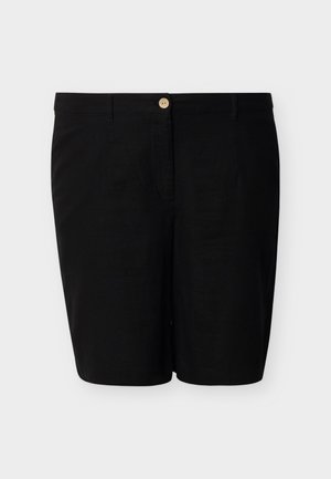 Μαύροι σορτς μέχρι το γόνατο, ραμμένοι με προσοχή, με ένα μπεζ κουμπί, θηλιές για ζώνη και κλείσιμο με φερμουάρ μπροστά, σε απλό φόντο.